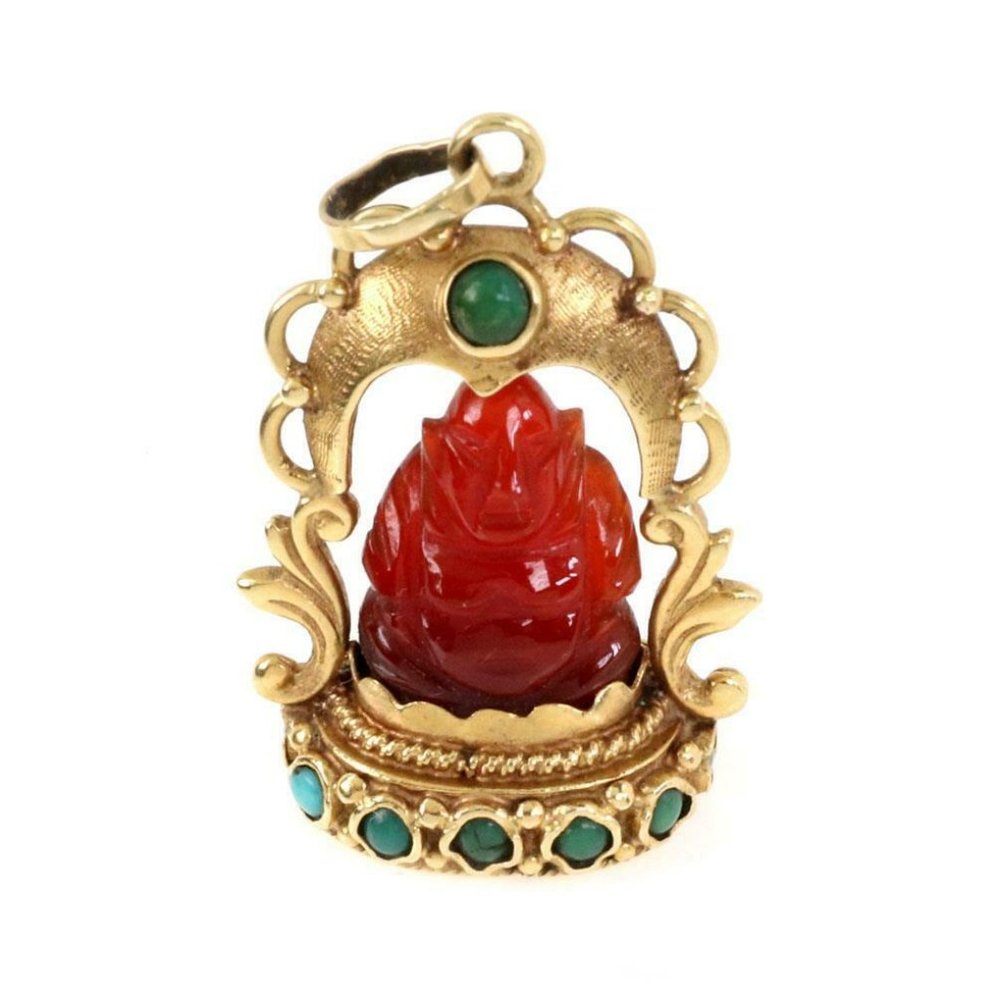 Vintage 18k YGold Jade Carnelian Buddah Pendant